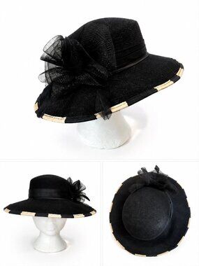 Elegant Black Wide-Brim Hat with Bow Accent